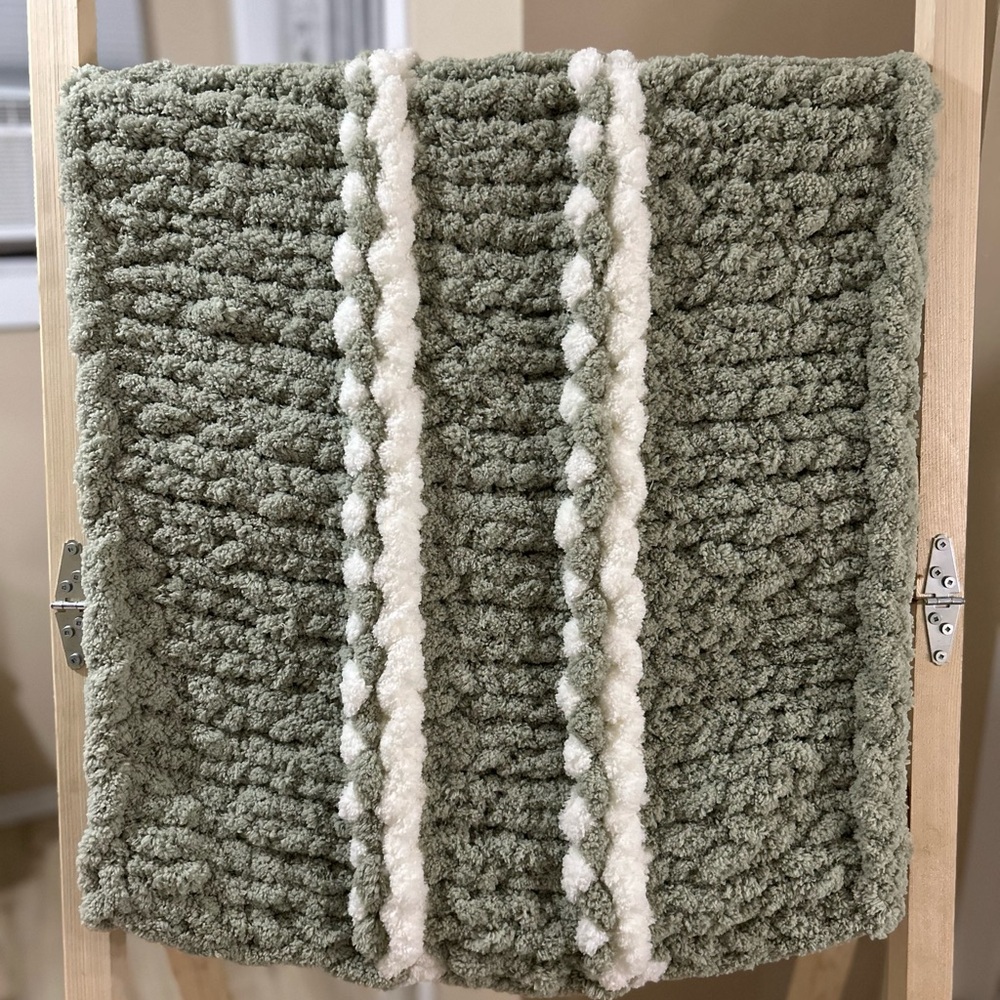 Hand-Knit Green and White Baby Blanket